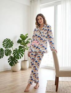 Mushroom Print 100% Cotton Summer Pajama Set for Women Soft Long Sleeve Button-<b>Down</b> Quick Dry Breathable Sleepwear Top - Product Image 5