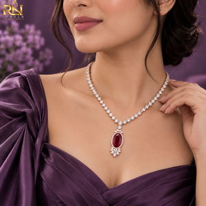 Collar con Halo de Diamantes Cultivados en Laboratorio y Rubí Ovalado, Oro Sólido de 9K, 14K, 18K |   Collar con Colgante de Joyería Fina, Regalos para Ocasiones Especiales y Bodas - Product Image 4