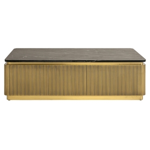 Table basse moderne en laiton écologique avec plateau en marbre et structure en bois, design contemporain pour salon avec rangement - Product Image 2