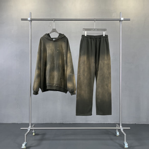 Wholesale Vintage Distressed Sunfaded Custom Logo 450GSM French Terry <b>Pink</b> Plain Hoodies Sweatpants 2 Piece Trackusit Set - Product Image 6