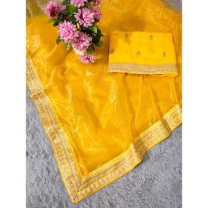DESIGNER TISSU SILK CODING SEQUENCE WORK SAREE AVEC BLOUSE NON COUCHÉE JAUNE - Product Image 1
