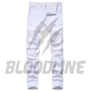 Jean en denim blanc coupe droite slim fit pour homme Bloodline, taille mi-haute, en coton, style décontracté été - Product Image 4
