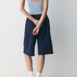 Women's Navy Blue Bermuda Shorts 100% Cotton Knitted <b>Drawstring</b> Waist Loose Fit Casual Style Solid Color Mid Waist - Product Image 2