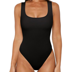 <b>Bodysuit</b> Breathable Ribbed Body Shaper Jumpsuit Tummy <b>Control</b> Scoop Neck Sleeveless Slimming Basic Tops Going Out Outfits Summer - Product Image 1