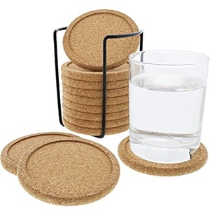 Eco Friendly Natural Round Absorbent <b>Cork</b> Drink <b>Coasters</b> Set with Metal Black Wire Holder Base for Bar Table Wood Protection - Product Image 1