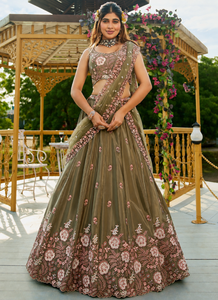 Designer Olive Green Embroidered Semi-Stitched Lehenga Choli with Soft <b>Net</b> <b>Dupatta</b> - Product Image 1