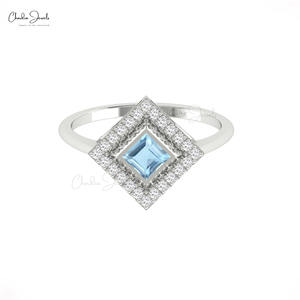 Producto de Moda: Anillo de Oro Sólido de 14k con Halo de Diamantes y Aguamarina Brasileña Natural de 0.32CTW, Anillo de Diseño, Envío Gratis, Joyería - Product Image 3