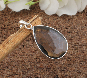 Collar de cuarzo ahumado natural vintage al por mayor con colgante de plata de ley 925 chapado en platino, cristal marrón facetado, unisex, curativo - Product Image 2