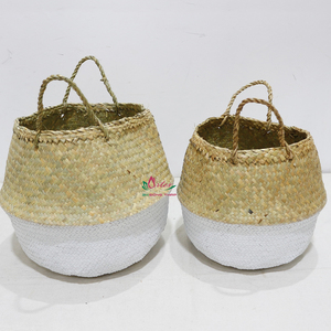 Panier rond artisanal en jonc de mer naturel, écologique, rustique, pliable, bicolore avec poignées, pour rangement et couverture de pot de plantes - Product Image 4