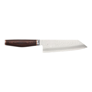 Couteau Bunka de 6,5 pouces avec manche en bois brun, lame martelée argentée et embout rond pour couper et hacher les légumes - Product Image 1
