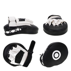 Unisex Black White Faux Leather Kick Boxing Focus Mitts <b>Velcro</b> Wrist <b>Strap</b> Fold Back Fingers Martial Arts Training Gear - Product Image 6