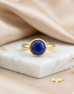 Natural Lapis Lazuli 8mm Cabochon Gemstone Christian Bohemian Gold Plated Minimalist <b>Ring</b> Bezel Setting Elegant Stackable - Product Image 4