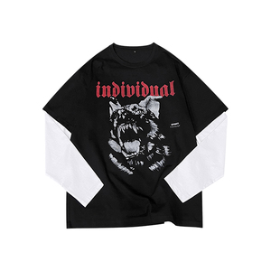 Camiseta de Manga Larga Oversize Negra con Ribete en Contraste Blanco, Estampado de Letras Verticales en la Manga Derecha, Estilo Urbano, Camiseta Jersey para Hombre - Product Image 2