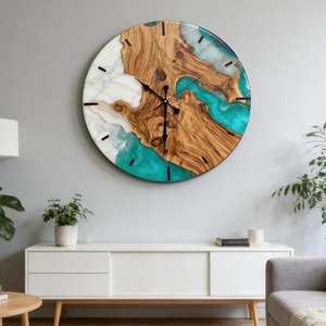 Teal Resin River Wood Wall <b>Clock</b> Modern Coastal Home Decor Wooden <b>Clock</b> - Product Image 4