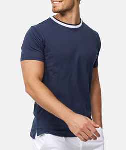 T-shirt décontracté surdimensionné en coton jersey bleu marine pour homme, col contrastant, col rond, manches courtes, personnalisable en gros - Product Image 4