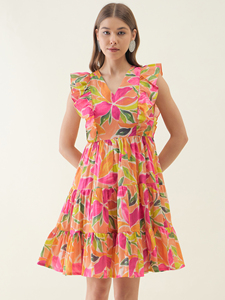 High Quality Multi Floral Printed Flared Mini Cambric <b>Dress</b> for Party Wear Summer Beach Holiday Daily Usage at Best Price - Product Image 5