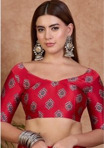 KV Barn <b>Red</b> Ajrakh Printed Satin Crepe Silk Saree With Unstitched <b>Blouse</b> - Product Image 3
