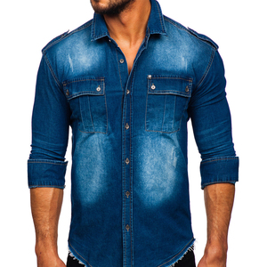 Chemise en jean bleue pour homme, manches longues, col mandarin, couleur unie, coupe ajustée, style décontracté, respirante, manches complètes, tissée, effet délavé - Product Image 3