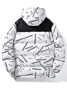 Men's Hooded Puffer Jacket Printed Letter Pattern Warm Winter <b>Coat</b> <b>Zipper</b> Closure Casual Streetwear Style Thick Polyester - Product Image 2