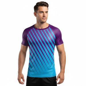 Men's Blue Purple Striped Short Sleeve Rash Guard Quick Dry <b>Compression</b> <b>Shirt</b> for MMA Jiu Jitsu Training - Product Image 3
