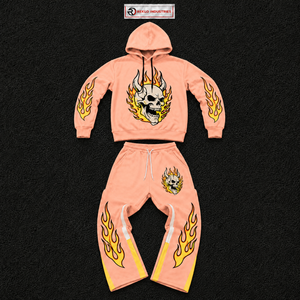 Conjunto de Sudadera con Capucha y Pantalones Jogger Peach Flame Skull para Hombre, Estilo Gótico Urbano, con Gráfico de Fuego, de Dos Piezas, Oversize - Product Image 5