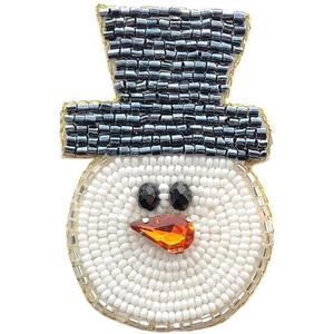 Broche de Noël artisanale en cuivre plaqué, motif bonhomme de neige brodé de perles, sequins et perles de rocaille, applique personnalisée de créateur - Product Image 1