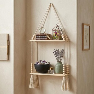 Elegant Macrame Hanging Shelf With Wooden Base Beads And Tassels For Living Room Bedroom Decor Storage And Display From India - Product Image 2