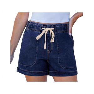 Shorts de Mezclilla de Cintura Alta para Mujer, Estilo Europeo Americano, Cintura Elástica con Cordón Ajustable, Corte Recto, para Comercio Exterior Transfronterizo, Aliexpress - Product Image 4