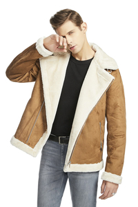 <b>Men's</b> Brown <b>Suede</b> Bomber <b>Jacket</b> With Faux Fur Lining Zipper Closure Winter Moto Coat Thick Windproof Turn-down Collar - Product Image 2