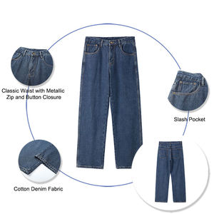 Pantalones de mezclilla de cintura media, pierna recta, lavado a la piedra, corte regular, con dobladillo desgarrado, estilo casual, tela de algodón ligera y ecológica, para primavera. - Product Image 3