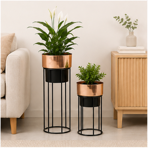 Ensemble de 2 jardinières en métal rose doré de luxe avec supports en fer noir, pots de plantes d'intérieur pour le salon et la décoration d'hôtel - Product Image 3