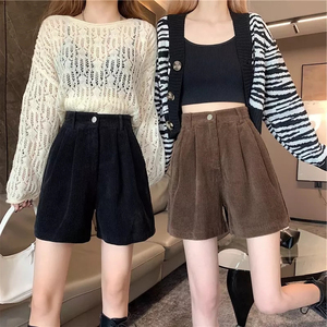 High Waisted White Corduroy <b>Shorts</b> <b>Women</b> Loose Fit Solid Color Button Fly Casual Pants <b>Short</b> Skirt Style Breathable Woven Fabric - Product Image 6