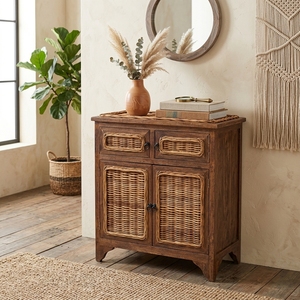 New Modern Minimalist Maluku Wooden Storage <b>Cabinet</b> Natural Rattan Wicker 2 <b>Small</b> Doors 2 Large Doors Side Table Unit Living Bed - Product Image 4
