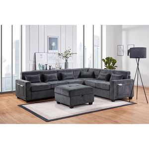 Divano Sezionale Trey 115"W in Ciniglia Grigia con Schienale Regolabile, Porte di Ricarica, Pouf Contenitore Trapuntato e Cuscino Decorativo per Soggiorno - Product Image 3