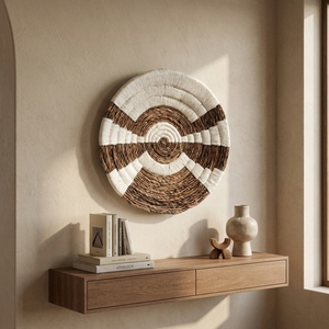 Panier mural en macramé en écorce de bananier naturelle, plateau peu profond rond à rayures géométriques en arc, décoration artistique pure pour aménagement de pièce, artisanat bohème - Product Image 5