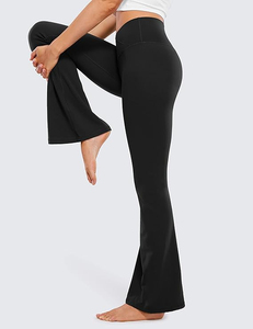 Leggings de yoga taille haute à jambe évasée, longueur intégrale, noir uni, en Spandex et Nylon, sans couture, extensibles dans les quatre sens, taille élastique - Product Image 2