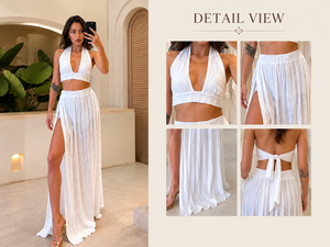 ชุดเสื้อครอปคอ halter สีขาวและกระโปรงแม็กซี่จีบสำหรับผู้หญิง เหมาะสำหรับใส่ไปเที่ยวพักผ่อนริมชายหาดหรืองานปาร์ตี้ - Product Image 2
