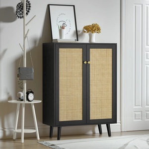 Modern black Wood and Rattan Two Door <b>Storage</b> Cabinet with Black Finish Modern Organizer for Living Room Bedroom and Office - Product Image 1