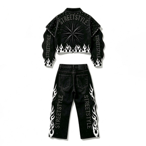 Y2K Rhinestone Flame Denim Solid Set Women Cropped Layered <b>Jacket</b> Wide Leg Jeans <b>Gothic</b> Cross Studded Black Vintage Streetwear - Product Image 3
