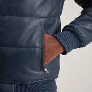 Veste matelassée en cuir bleu foncé pour homme RELEVO, col montant, fermeture éclair, manteau d'hiver décontracté épais et chaud, style urbain - Product Image 6