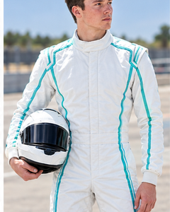 Combinaison de course imperméable pour homme, rayée blanc-vert-bleu sarcelle, col montant, manches longues, pour karting, séchage rapide, polyester/nylon - Product Image 4