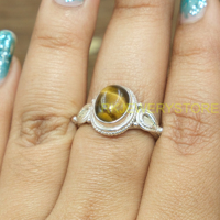 Bague ajustable artisanale en argent sterling 925 avec cabochon ovale en œil de tigre naturel marron doré, style bohème
