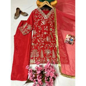 Conjunto de Traje de Satén Elegante para Mujer, Talla XL, con Diseño Floral, Bordado con Lentejuelas y Zari - Product Image 1