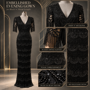 Elegant Jet Black Beaded Evening Gown | Plunging V Neck 3/4 Fringe Sleeves <b>Art</b> <b>Deco</b> Embellished Fitted Floor Length Formal <b>Dress</b> - Product Image 5