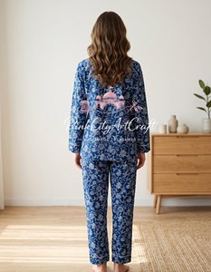Premium Indigo Blue Hand-Block Floral Print Cotton Summer Quick Dry Breathable Lightweight Women's 2-Piece Pajamas Set - Product Image 1