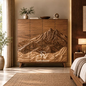 Luxury 4-Door Solid Wood <b>Wardrobe</b> with 3D Mountain Car Design - Product Image 1