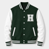 Vestes Varsity Vertes pour Hommes Style Preppy Logo H Brodé Col Revers Coupe Classique Vêtement d'Automne Coton Polyester