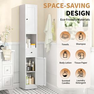 Mobiletto da Bagno Alto 71 Pollici in Metallo Bianco, 5 Ripiani, Stretto, con 2 Ante e Ripiani Regolabili, Autoportante - Product Image 6