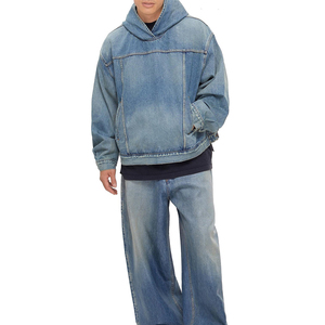 Sweat-shirt à capuche unisexe en denim délavé épais, coupe oversize, en coton, style streetwear décontracté, automne, éco-responsable - Product Image 5
