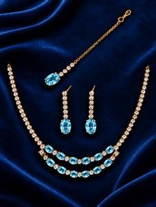 Premium Quality Double Layer <b>Necklace</b> Set With Matching Earrings And Maang Tikka Faceted Stone Fashion Jewelry For Bridal Wear - Product Image 2